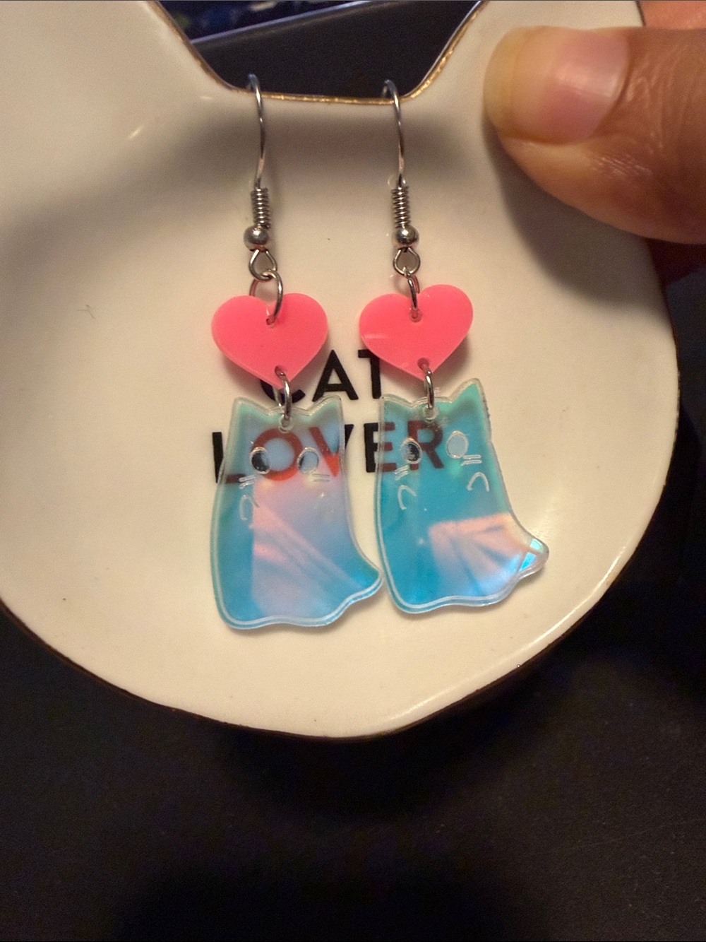 Cute Cat & Heart Dangle Earrings - Pink & holographic